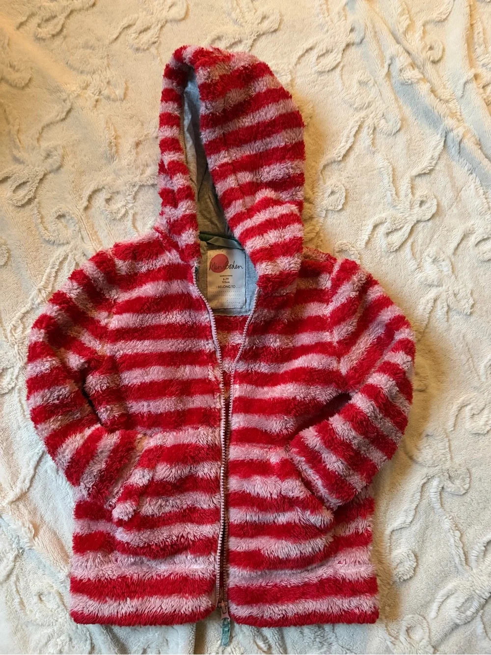 Mini Boden Fuzzy Hooded Zip Jacket in Red and Pink Stripes